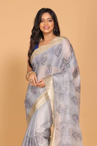 Kota tissue zari embroidery saree (grey)