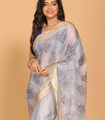 Kota tissue zari embroidery saree (grey)