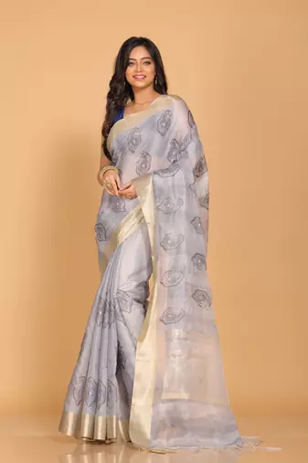 Kota tissue zari embroidery saree (grey)