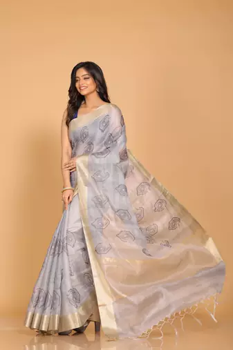 Kota tissue zari embroidery saree (grey)