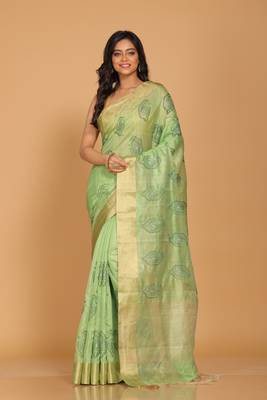Kota tissue zari embroidery saree (green) 1