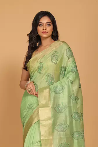 Kota tissue zari embroidery saree (green)