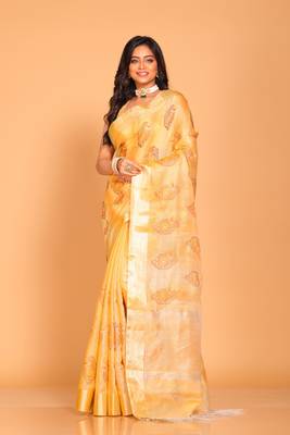 Kota tissue zari embroidery saree (yellow) 1