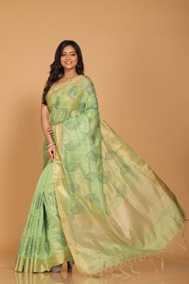 Kota tissue zari embroidery saree (green) 3