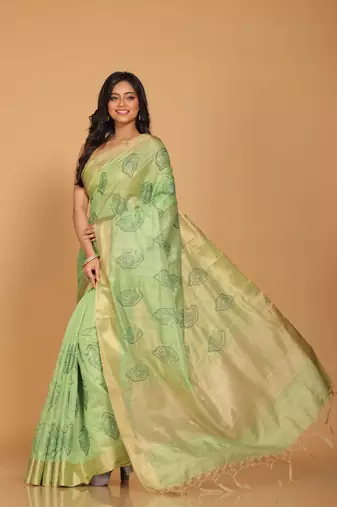 Kota tissue zari embroidery saree (green)