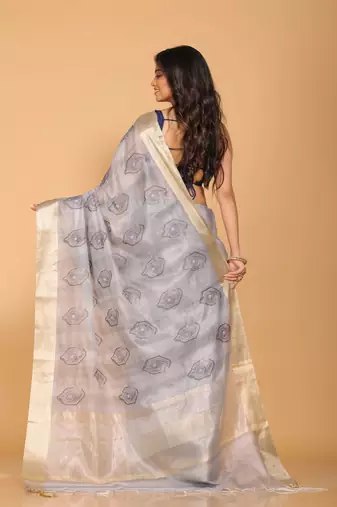 Kota tissue zari embroidery saree (grey)