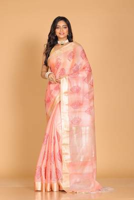 Kota tissue zari embroidery saree (red) 1