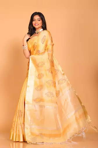 Kota tissue zari embroidery saree (yellow)
