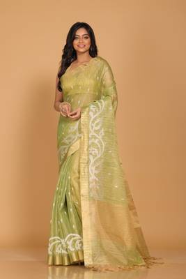 Kota zari stripe embroidery saree (green) 1