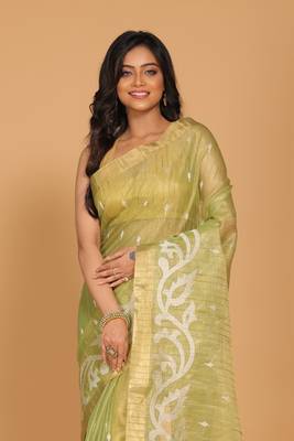 Kota zari stripe embroidery saree (green) 2
