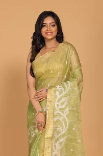 Kota zari stripe embroidery saree (green)