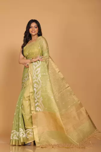 Kota zari stripe embroidery saree (green)