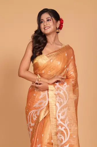 Kota zari stripe embroidery saree (orange)