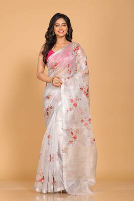 Silver tissue saree with embroidery work 1