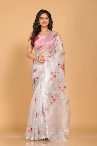 Silver tissue saree with embroidery work