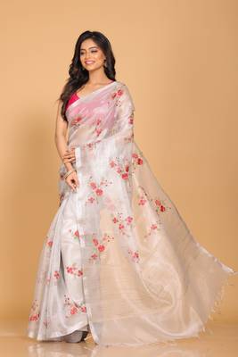 Silver tissue saree with embroidery work 3