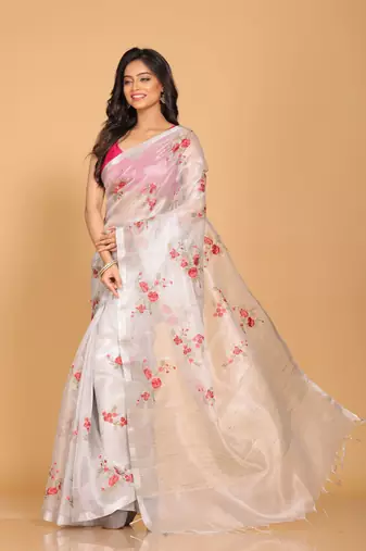 Silver tissue saree with embroidery work