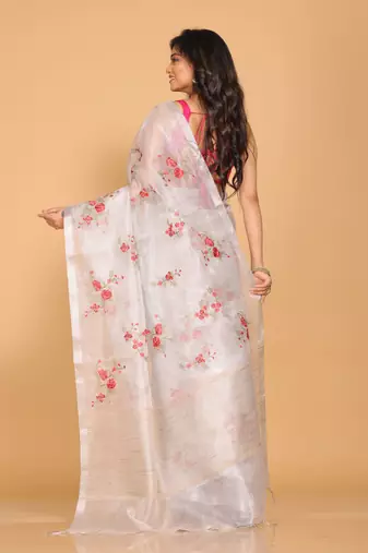 Silver tissue saree with embroidery work