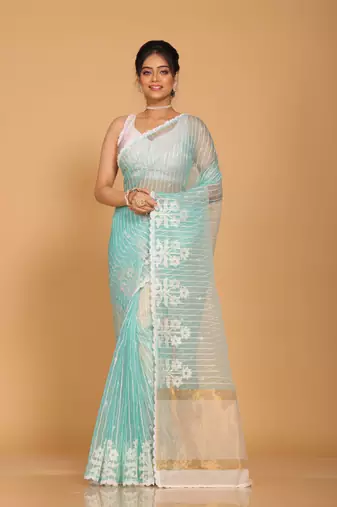 Orzanga stripe embroidery saree (sea green)