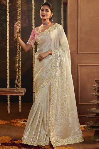 Cream Viscose Resham Embroidery Party Wear Designer Saree