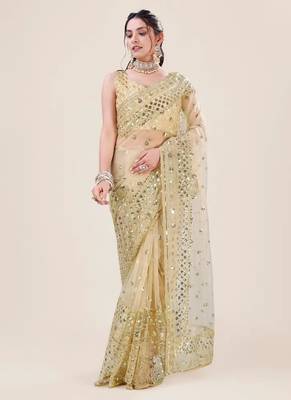 Cream Net Embroidery Sequence Sequins Work Party Wear Designer Saree 1