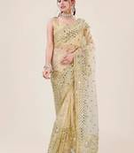 Cream Net Embroidery Sequence Sequins Work Party Wear Designer Saree