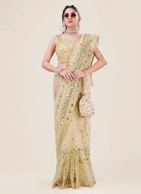 Cream Net Embroidery Sequence Sequins Work Party Wear Designer Saree 2