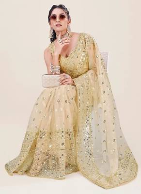 Cream Net Embroidery Sequence Sequins Work Party Wear Designer Saree 3