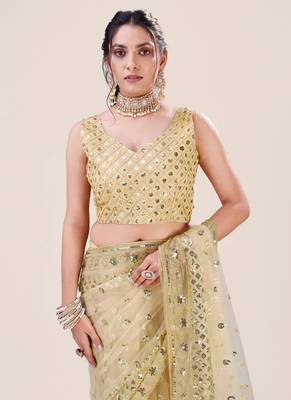 Cream Net Embroidery Sequence Sequins Work Party Wear Designer Saree 4