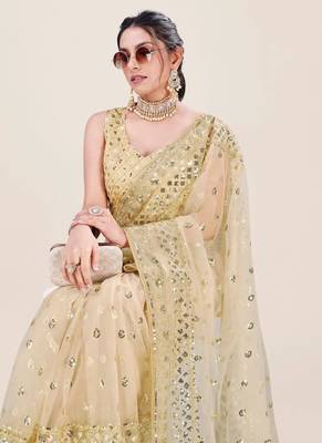 Cream Net Embroidery Sequence Sequins Work Party Wear Designer Saree 5