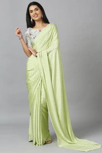 Lime Chiffon Resham Embroidery Party Wear Designer Saree