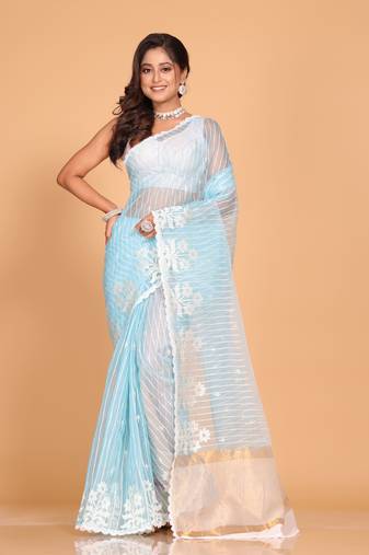 Orzanga stripe embroidery saree (sky blue)