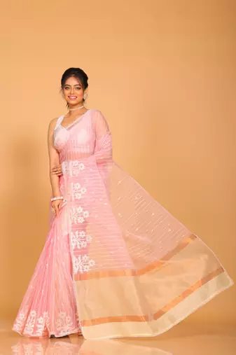 Orzanga stripe embroidery saree (pink)