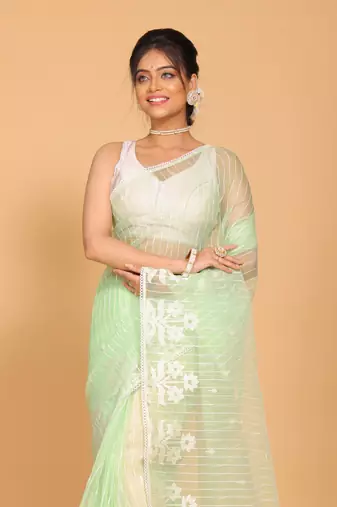 Orzanga stripe embroidery saree (green)