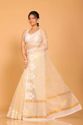 Orzanga stripe embroidery saree (beige)