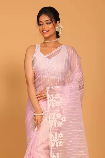 Orzanga stripe embroidery saree (light purple)