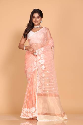 Orzanga stripe embroidery saree (peach)