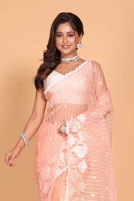 Orzanga stripe embroidery saree (peach) 2