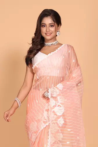 Orzanga stripe embroidery saree (peach)