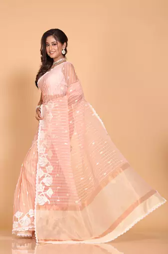 Orzanga stripe embroidery saree (peach)