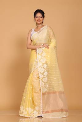 Orzanga stripe embroidery saree (yellow) 1