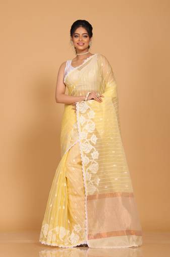 Orzanga stripe embroidery saree (yellow)