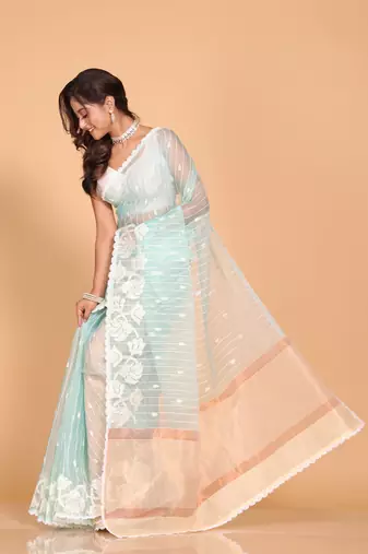 Orzanga stripe embroidery saree (sky blue)