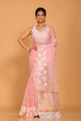 Orzanga stripe embroidery saree (pink) 1