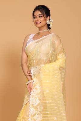 Orzanga stripe embroidery saree (yellow) 2