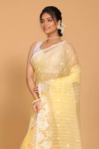 Orzanga stripe embroidery saree (yellow)