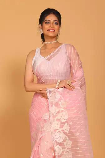 Orzanga stripe embroidery saree (pink)