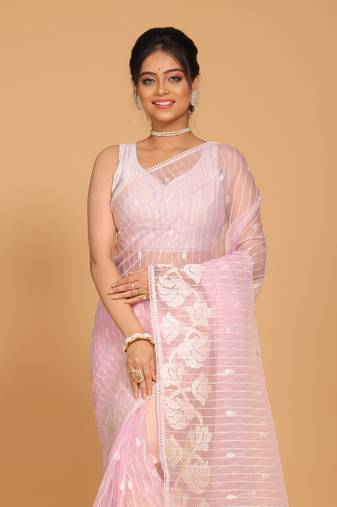 Orzanga stripe embroidery saree (light pink)