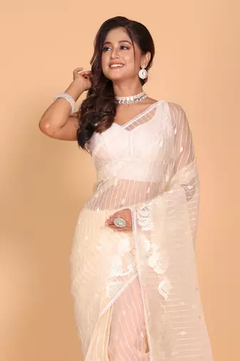 Orzanga stripe embroidery saree (beige)
