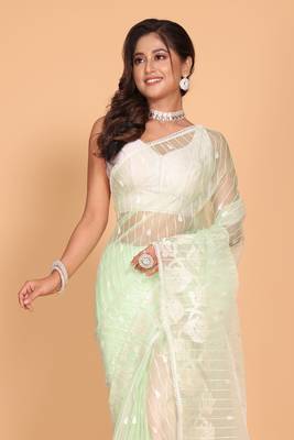 Orzanga stripe embroidery saree (green) 2